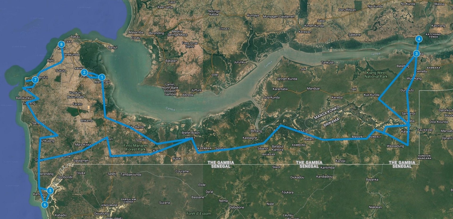 Route Map: 8-Day Bird Photography Tour in The Gambia – Mangroves, Wetlands and Savannas