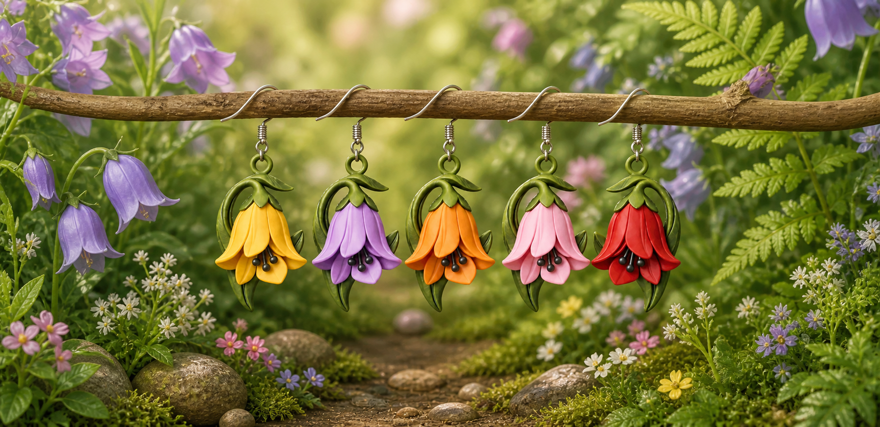 A collection of colorful 3D printed bellflower earrings sustainable and unique Finnish jewelry.