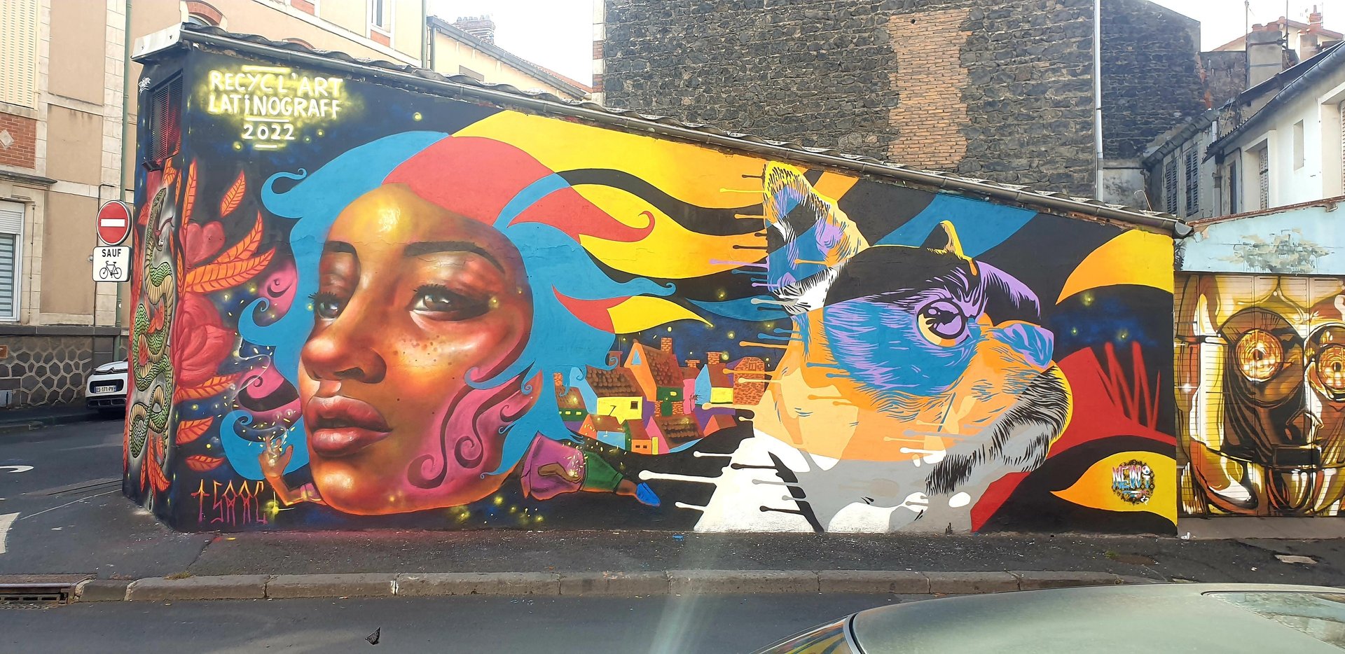 une fresque street art avec un portrait de femme et un chien