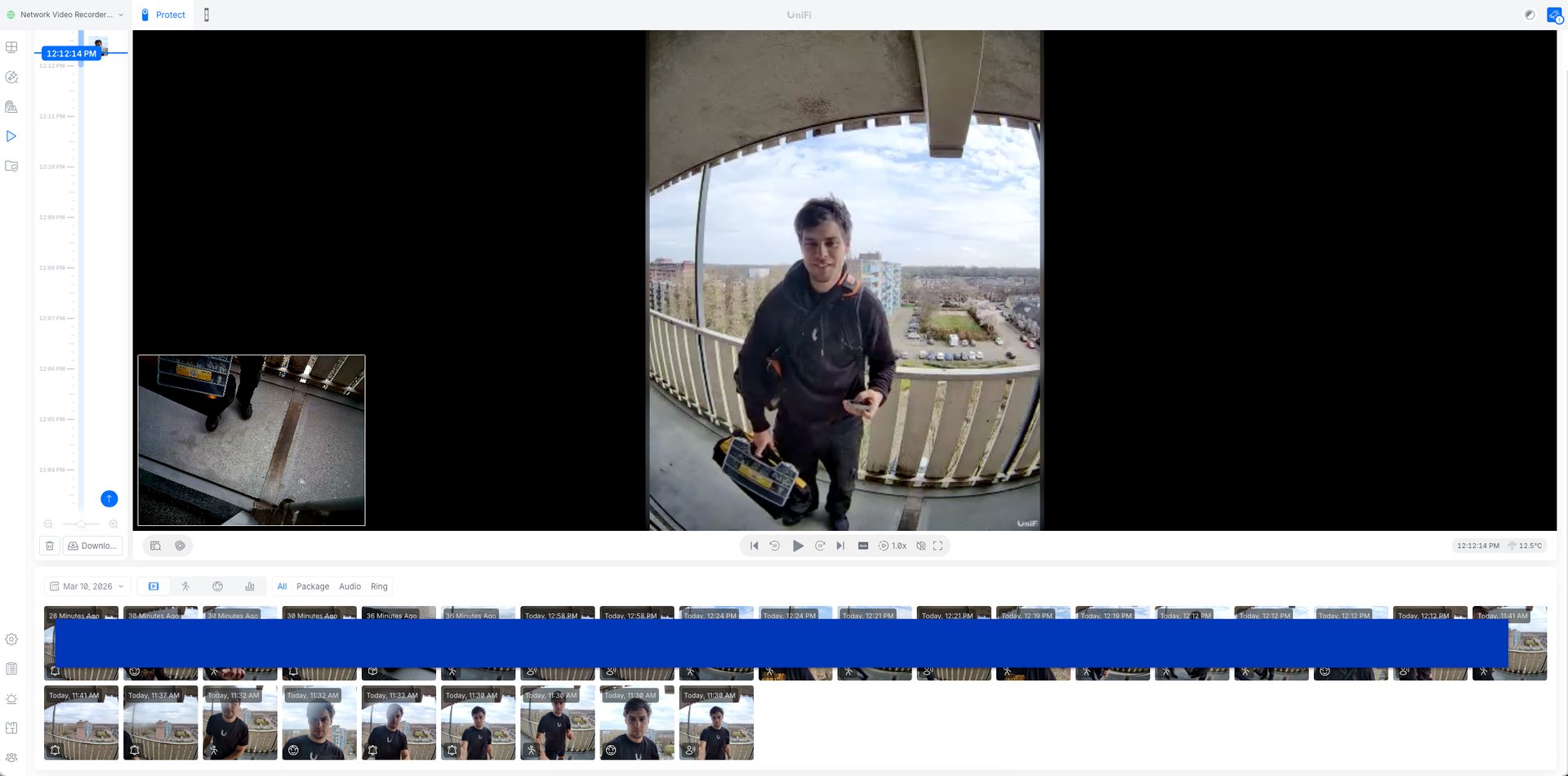 Ubiquiti UniFi Protect video surveillance dashboard monitoring a delivery person at a balcony door.