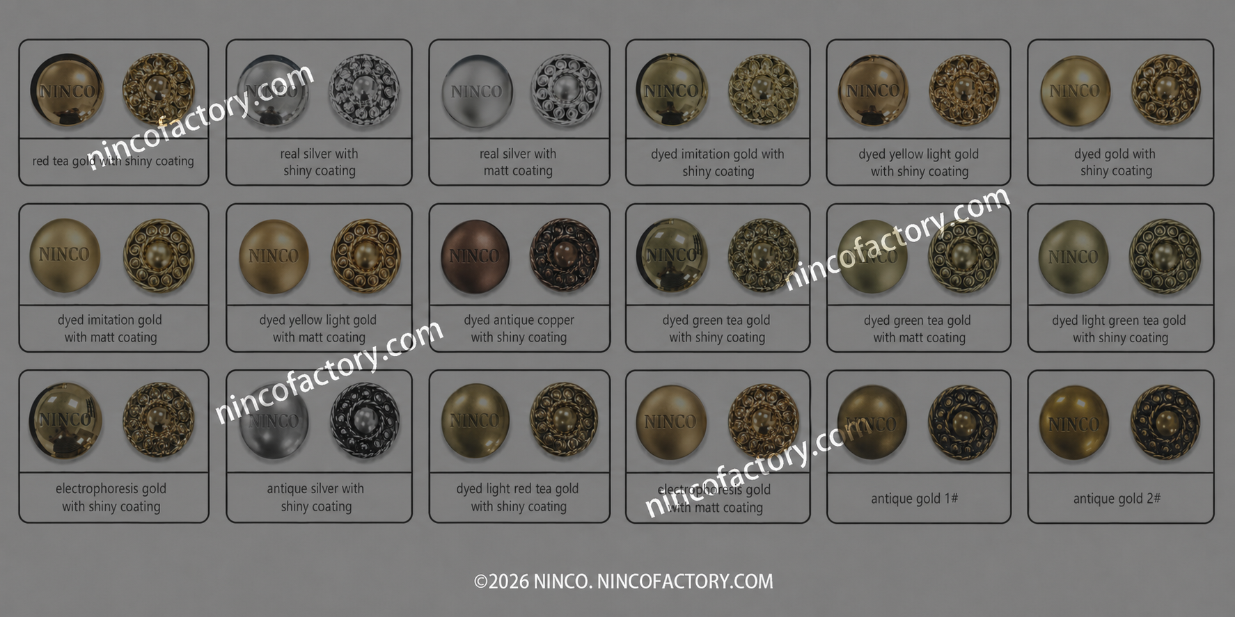 Gold, antique gold, silver and special plating finishes for custom zinc alloy metal labels