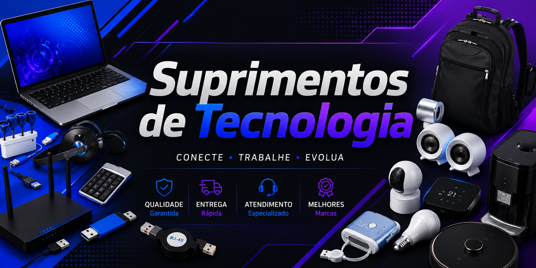 Technology supplies banner featuring a laptop, headphones, smart home devices, and office gadgets on a blue background.