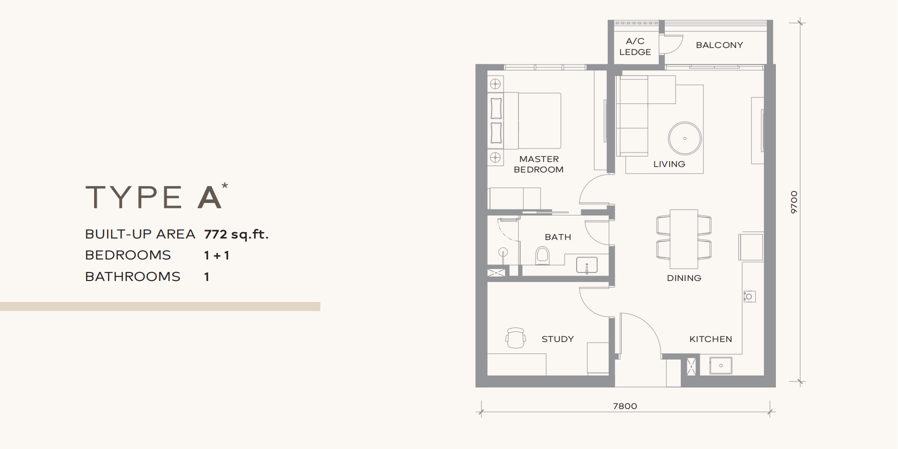 Type A floor plan for a 772 sq ft apartment featuring 1 plus 1 bedrooms, a study, and balcony.