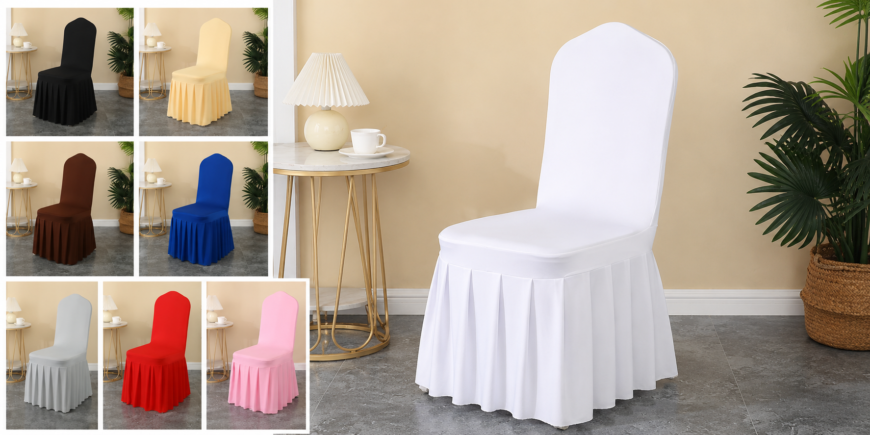 Export-quality chair covers available in Lycra, Crush, and Spandex fabrics for worldwide banquet déc