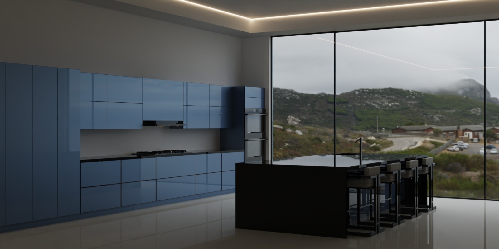 a kitchen with a table and chairs and a view of the mountains