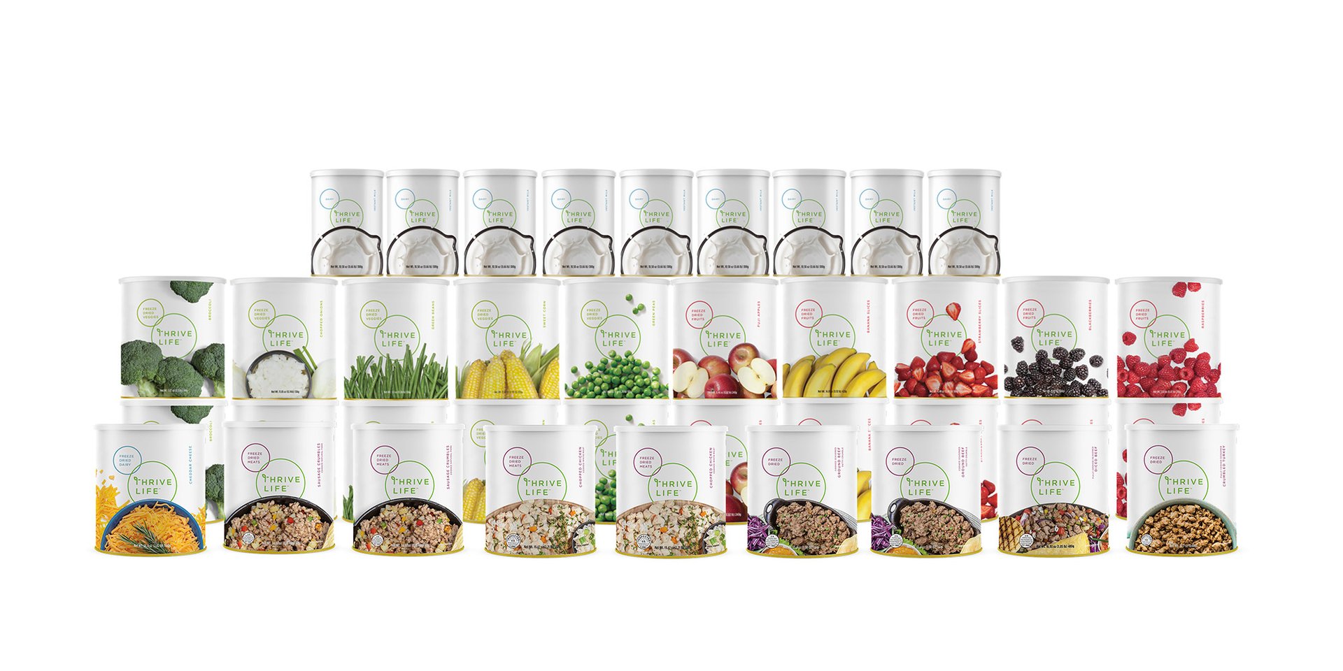 Cans of Thrive Freeze Dried Food showcasing proteins, fruits, vegetables and milk.