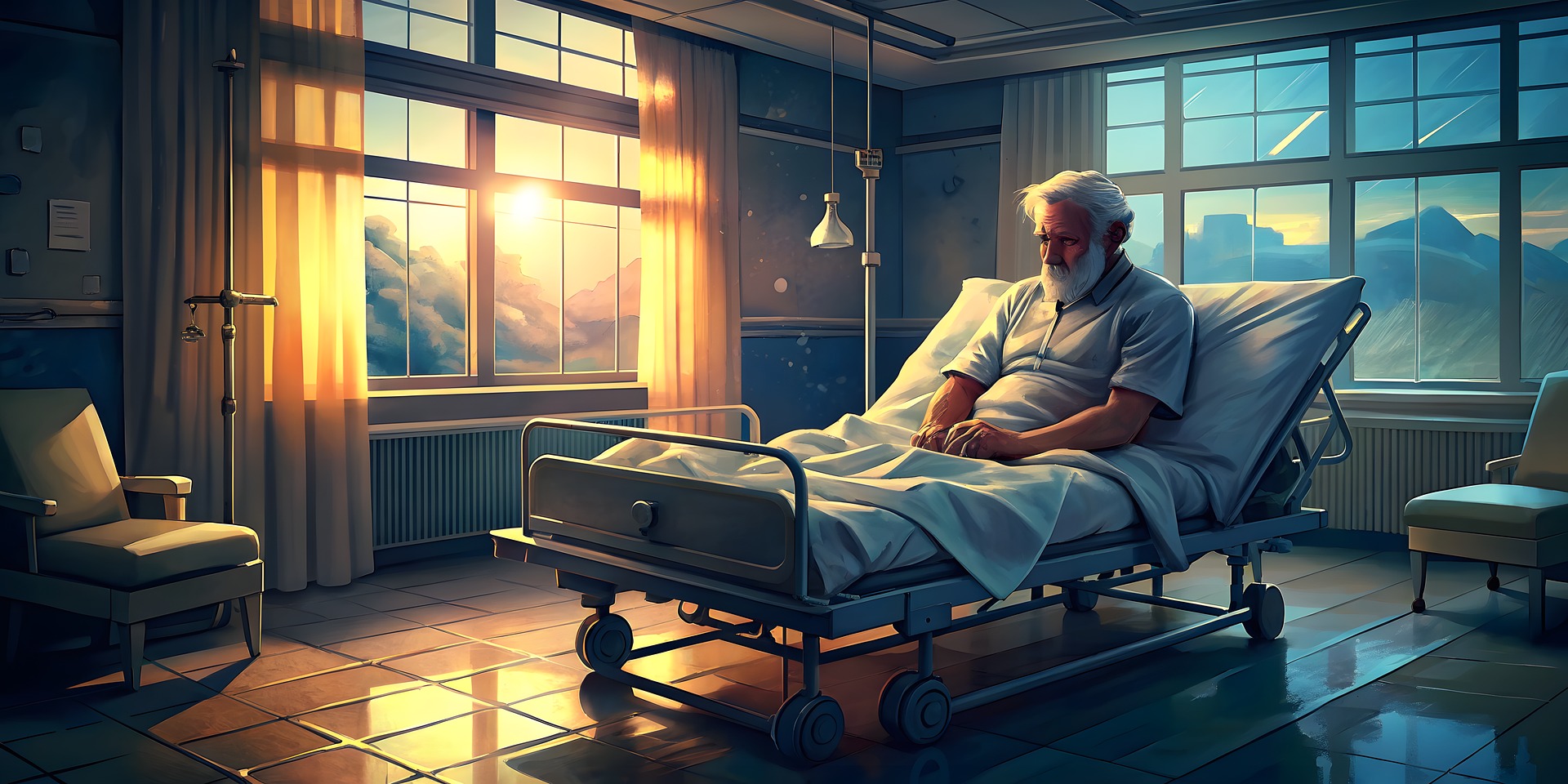 Homem em uma cama de hospital, simbolizando reabilitação e recuperação.