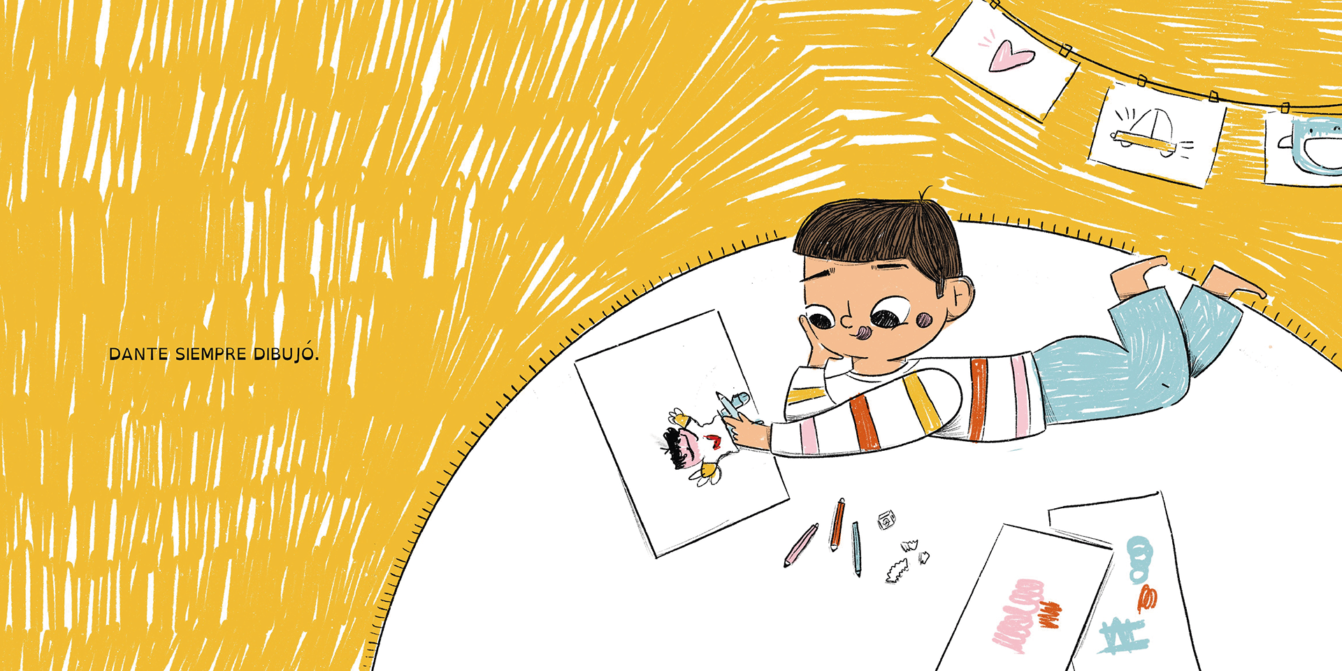 Children’s book illustrator style – kid drawing lost in his imagination