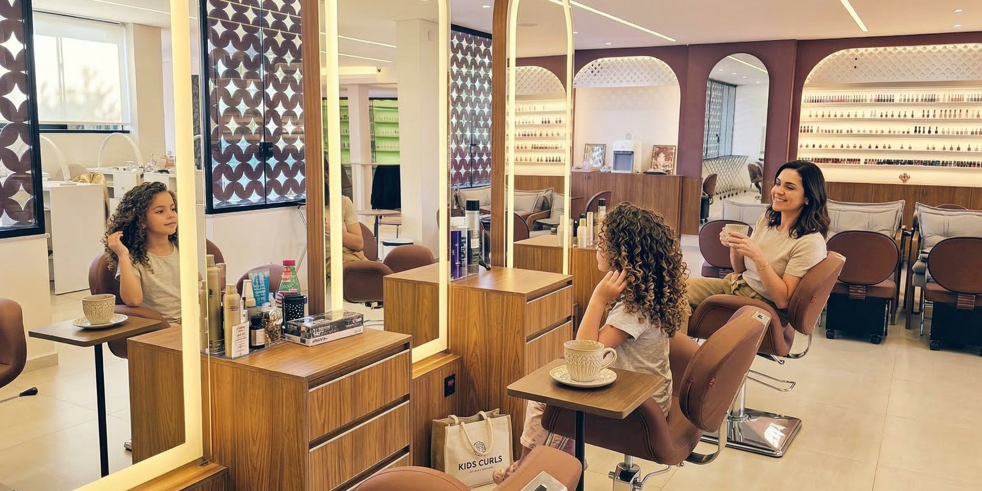Menina cacheada admirando o resultado do seu tratamento no espelho, com a mãe sorrindo ao fundo no We Hall Beauty.