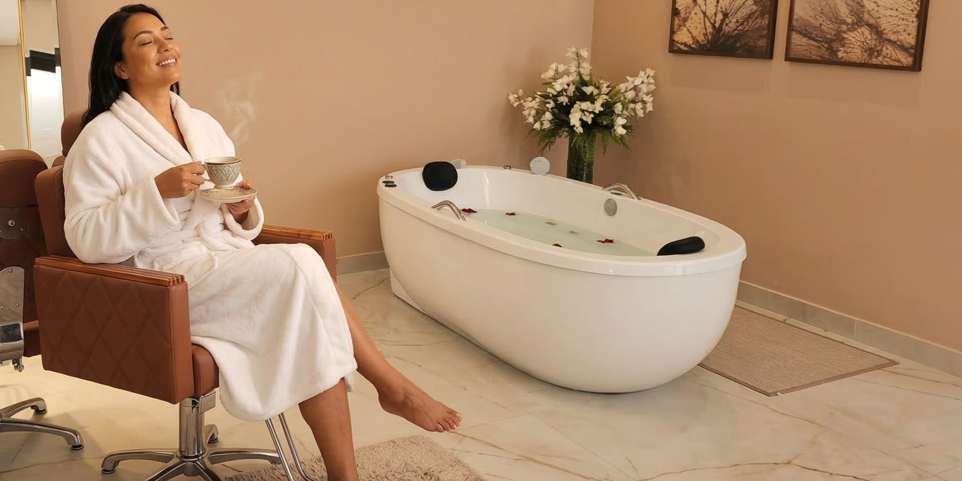 Cliente desfrutando de um dia de beleza e relaxamento no espaço acolhedor do We Hall Beauty.