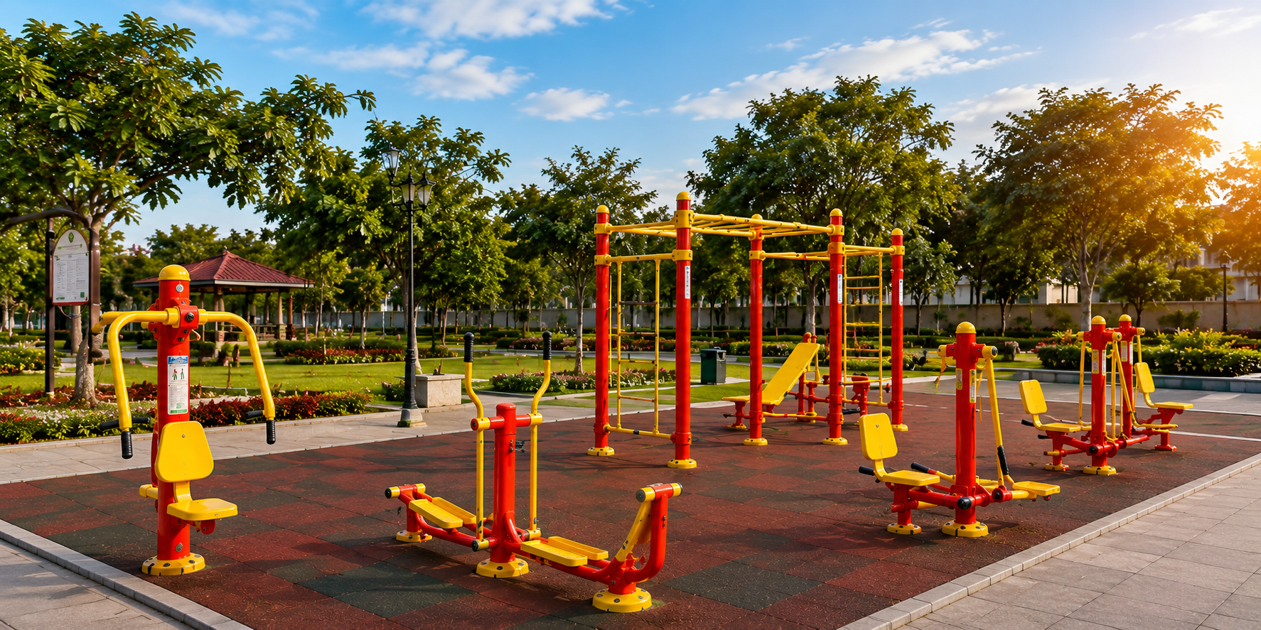 An outdoor gym with colorful red and yellow fitness equipment on a rubber floor in a sunny public park.
