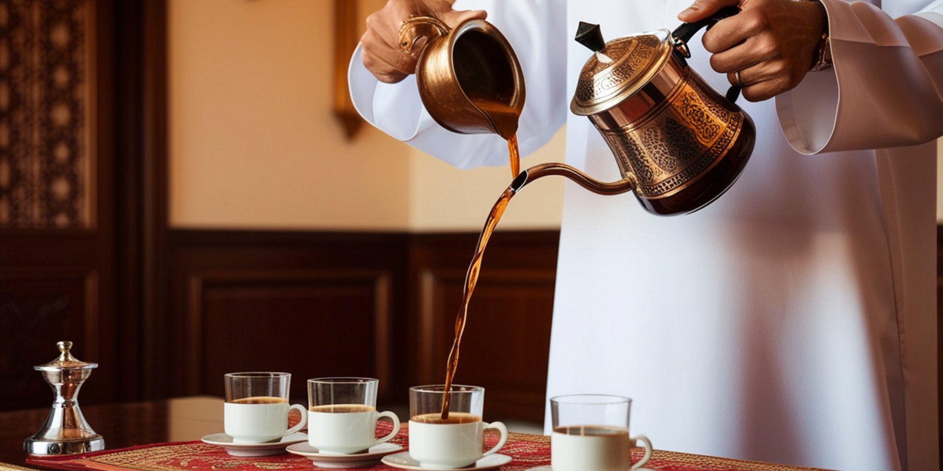 A man in traditional dress pouring Arabic coffee from a copper dallah pot into small cups.