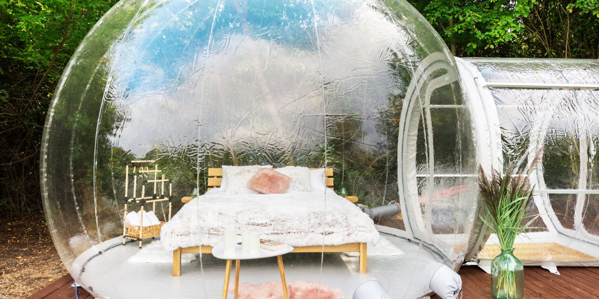 Luxury transparent bubble tent glamping suite with a cozy bed and plush decor in a forest.