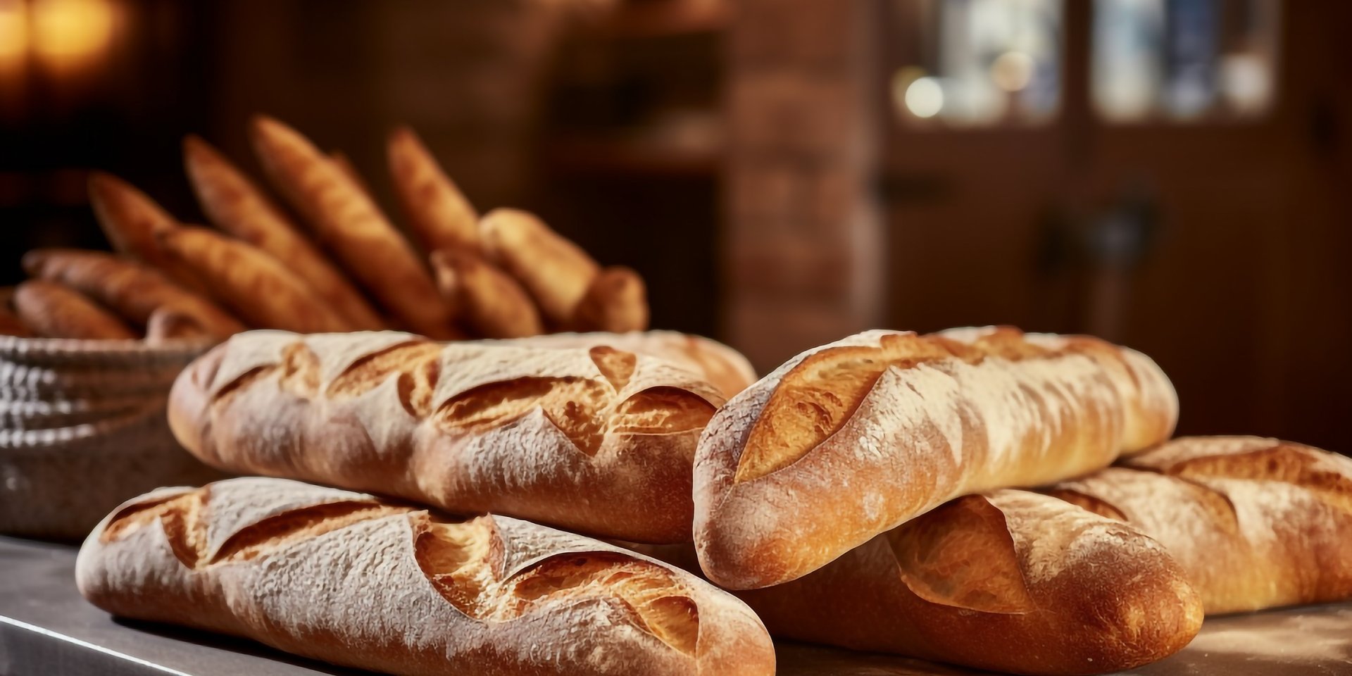 Freshly baked artisan French baguettes with a golden crust displayed in a rustic bakery setting.