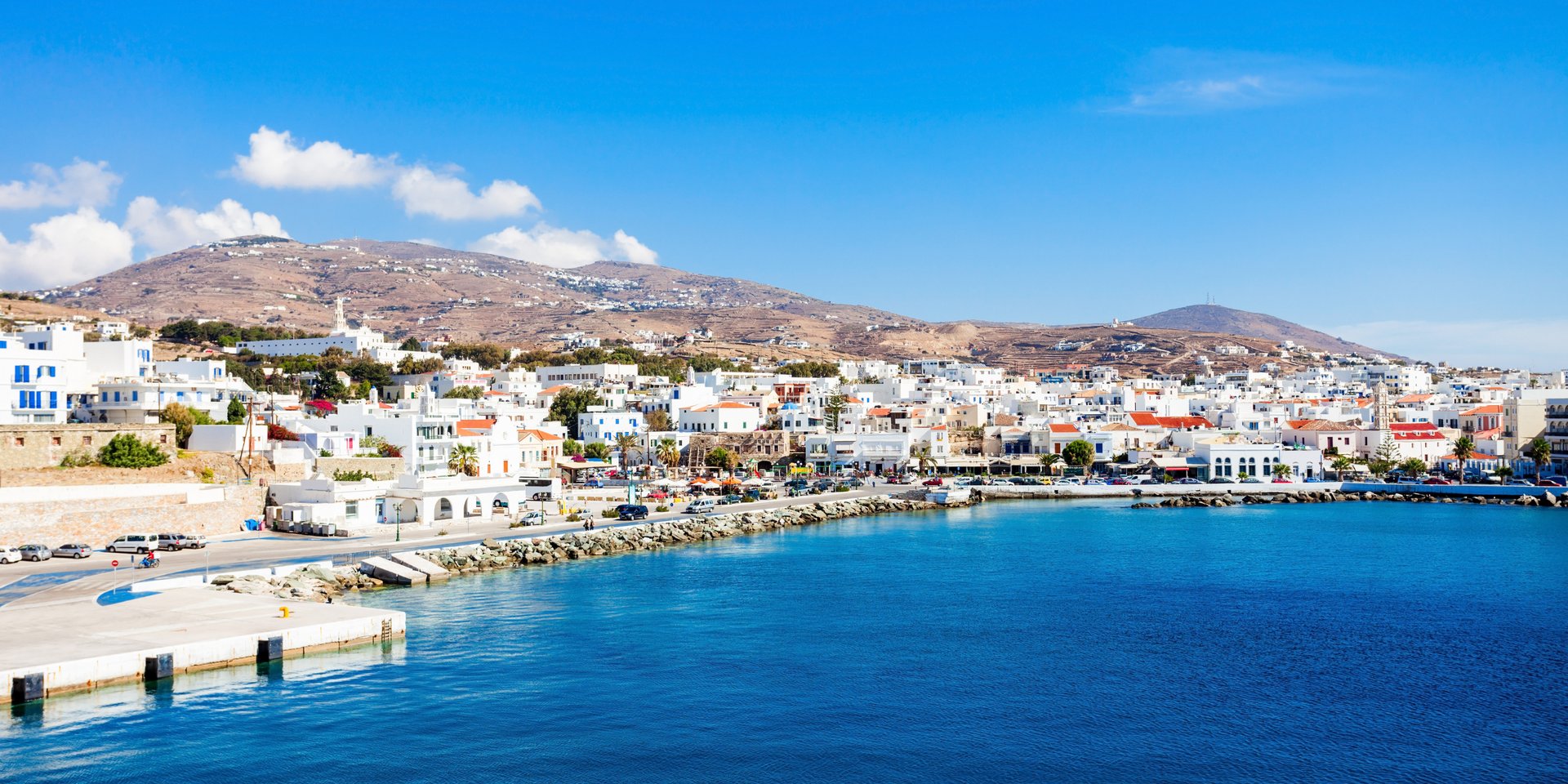 Panoramic view of Tinos town port in Greece featuring white Cycladic houses and blue Aegean Sea.