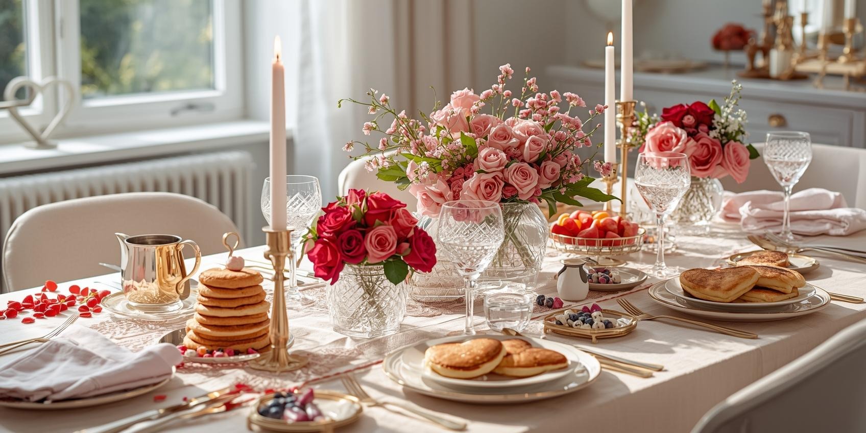 a Valentine's table with a table setting with a sophisticated table setting