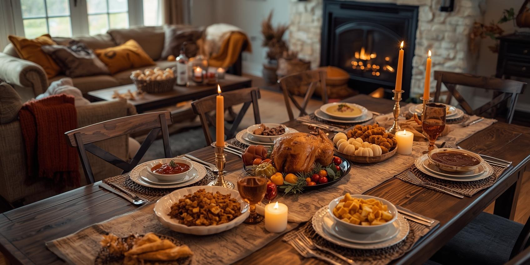 Beautiful Thanksgiving dining table filled with food, candles, and warm family celebration vibes