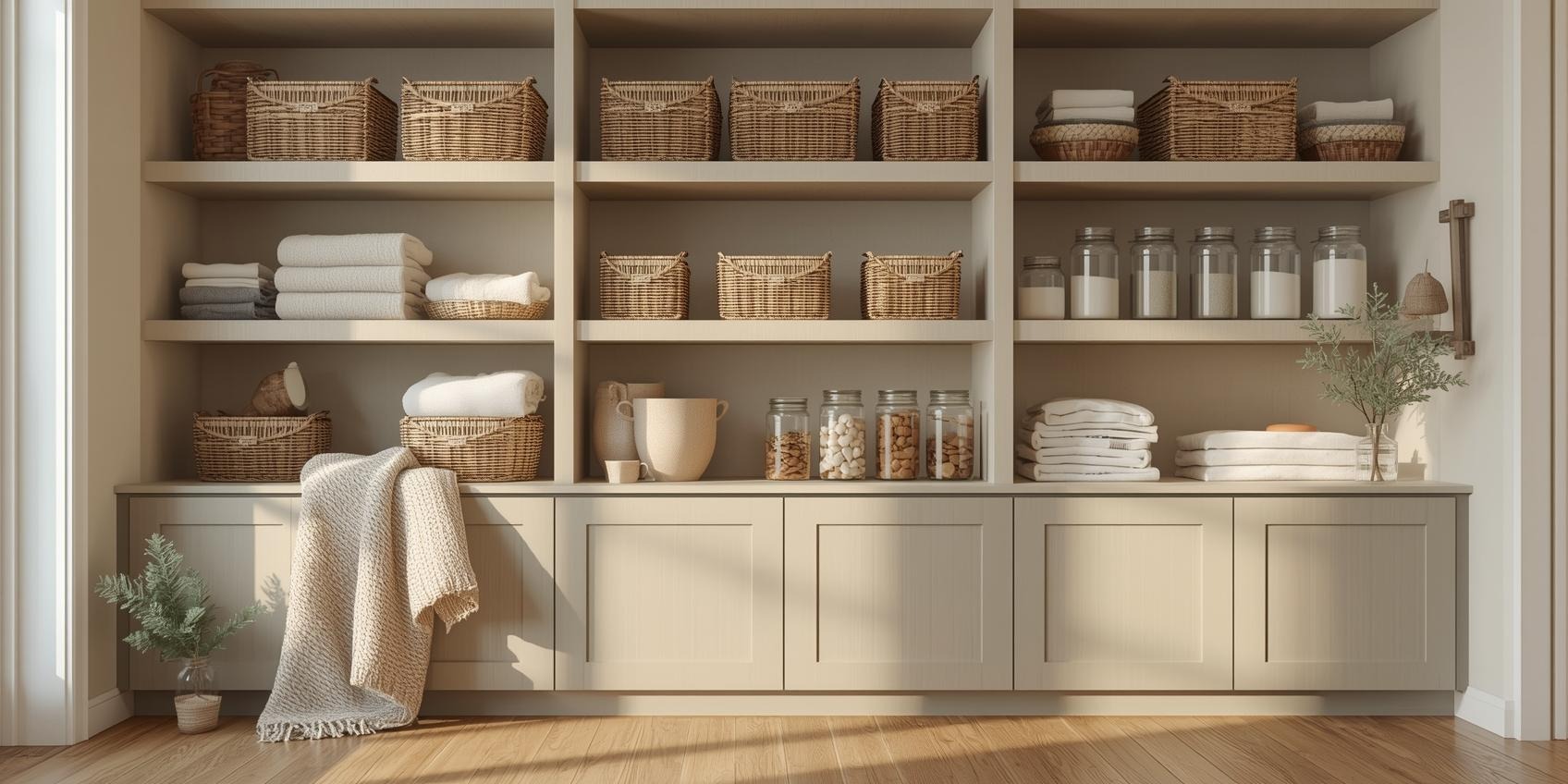 organized kitchen with lots of baskets for storage and make it seem more clutter-free