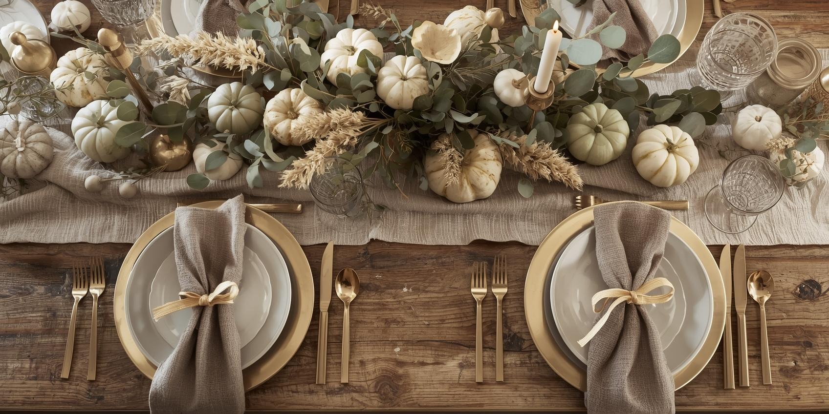 Neutral-toned Thanksgiving table setting with layered textures, candles, & a cozy, homey atmosphere