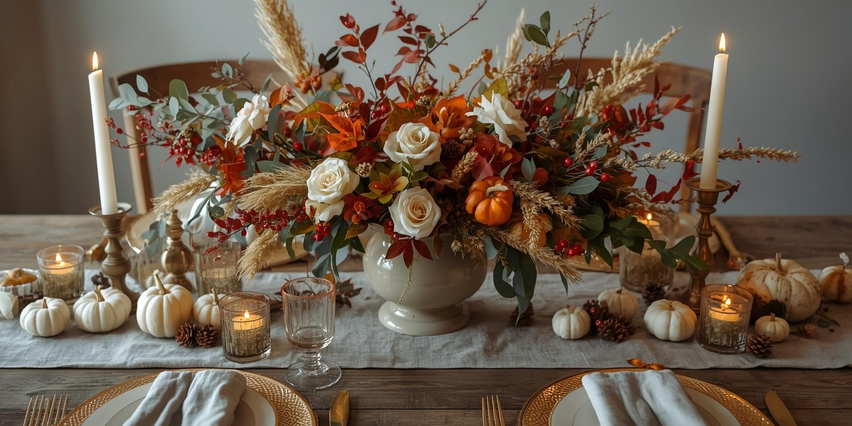 a table with a centerpiece that has a vase filled with flowers and candles