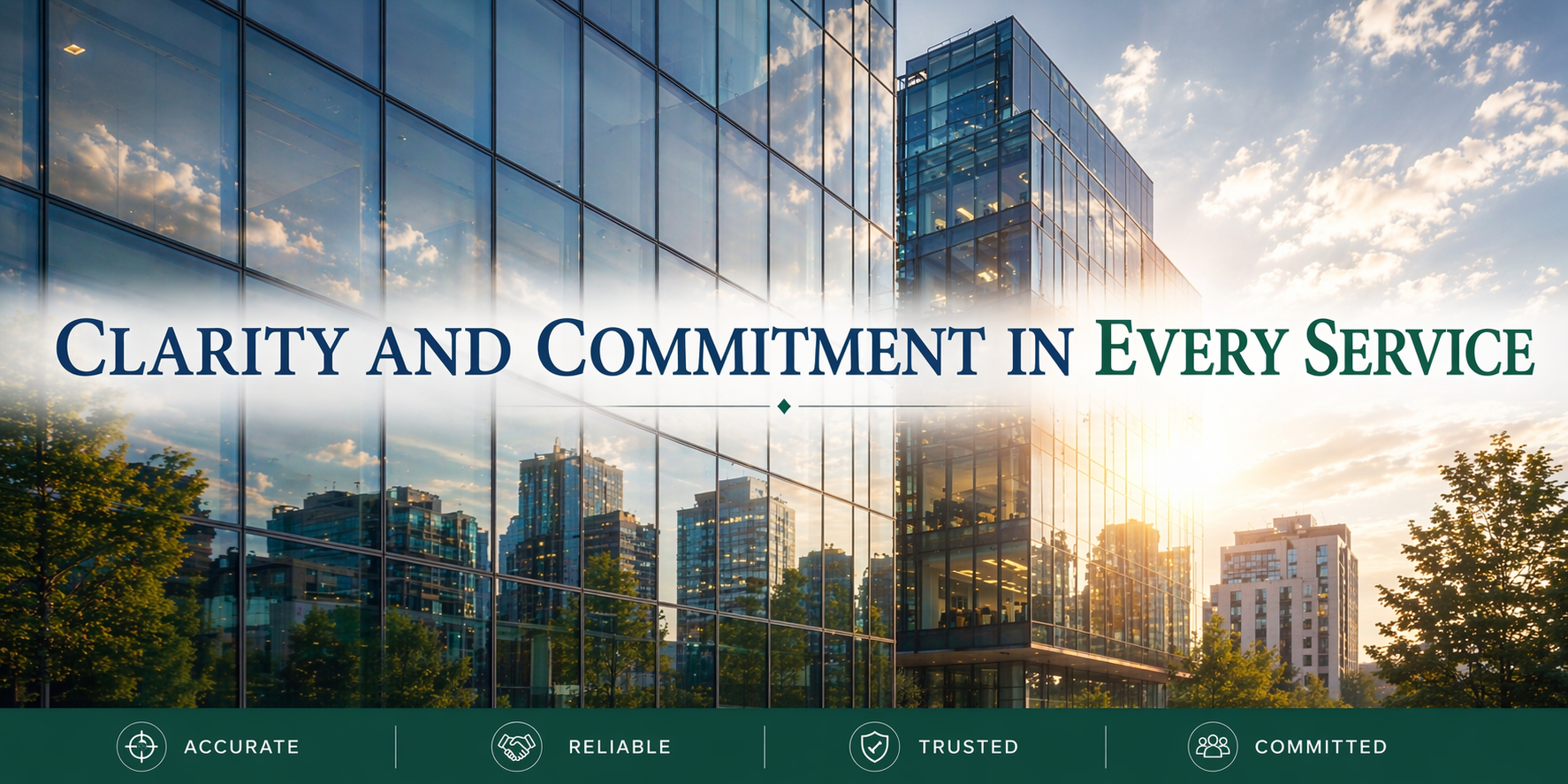 Modern office building with the motto "Clarity and Commitment in Every Service."