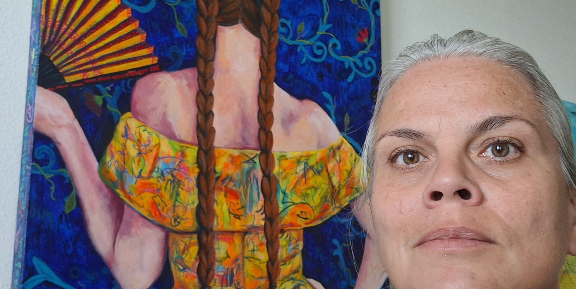 Visual artist Eileen A Art and her painting "Lady with a Fan in a Pollock Dress"