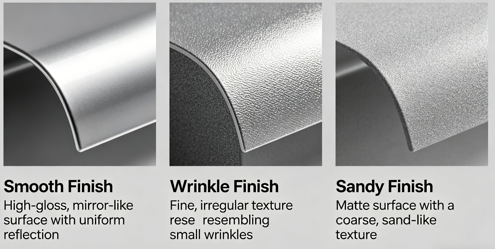 Comparison of smooth, wrinkle, and sandy powder coating finishes on metal surfaces.