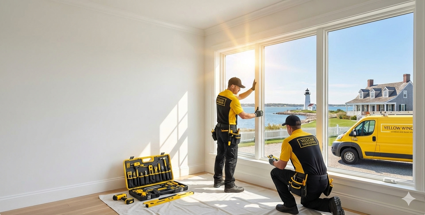 Professional window repair technicians in yellow uniforms working in a Long Island home with an ocea