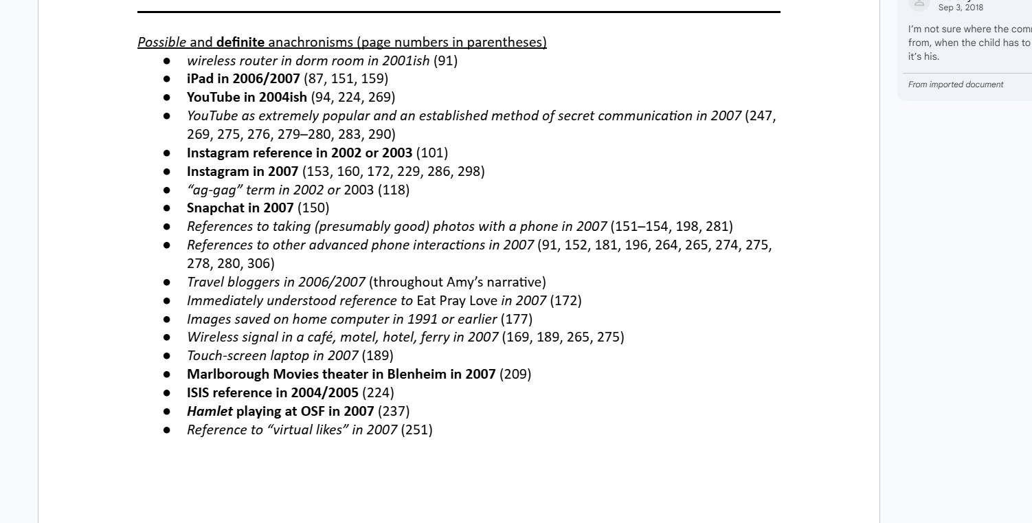 Screenshot of a bulleted list of anachronisms with associated page numbers
