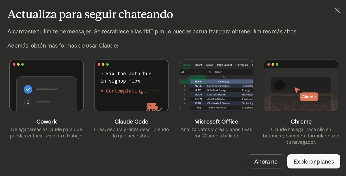 Captura de pantalla de Claude indicando que se acabaron los mensajes gratuitos por el momento.