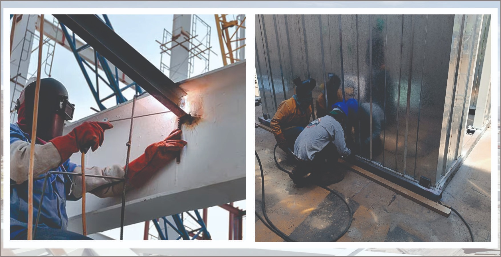 Professional welders performing industrial steel beam welding and metal wall panel installation on a construction site.