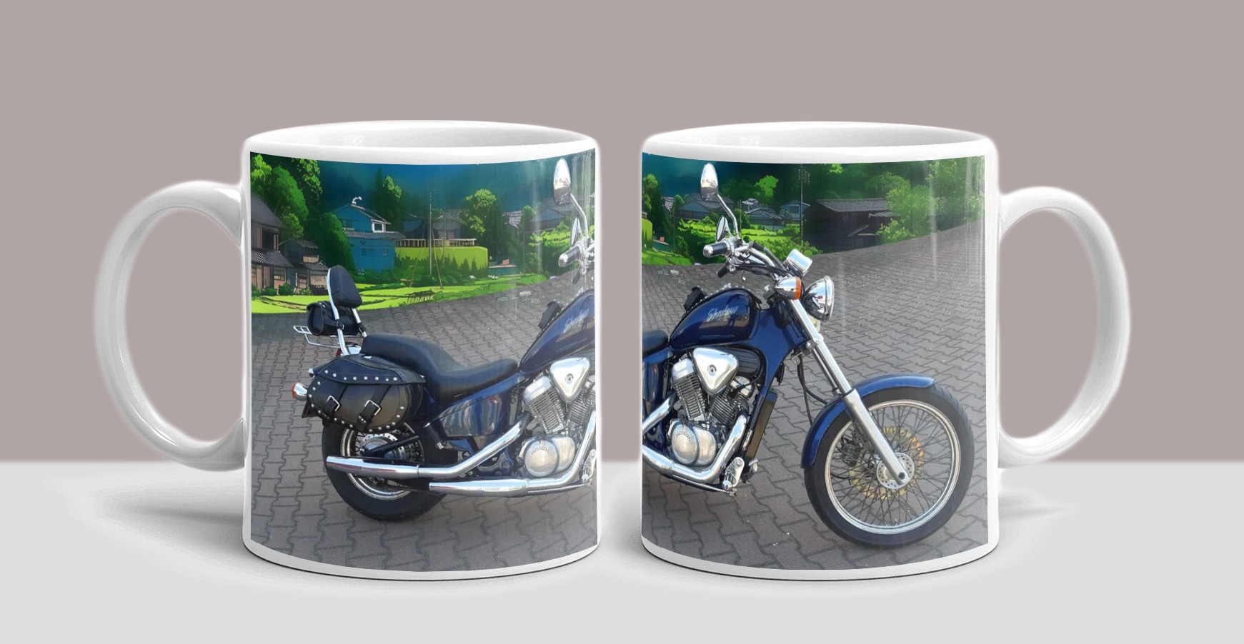 two mugs with a motorcycle and a motorcycle