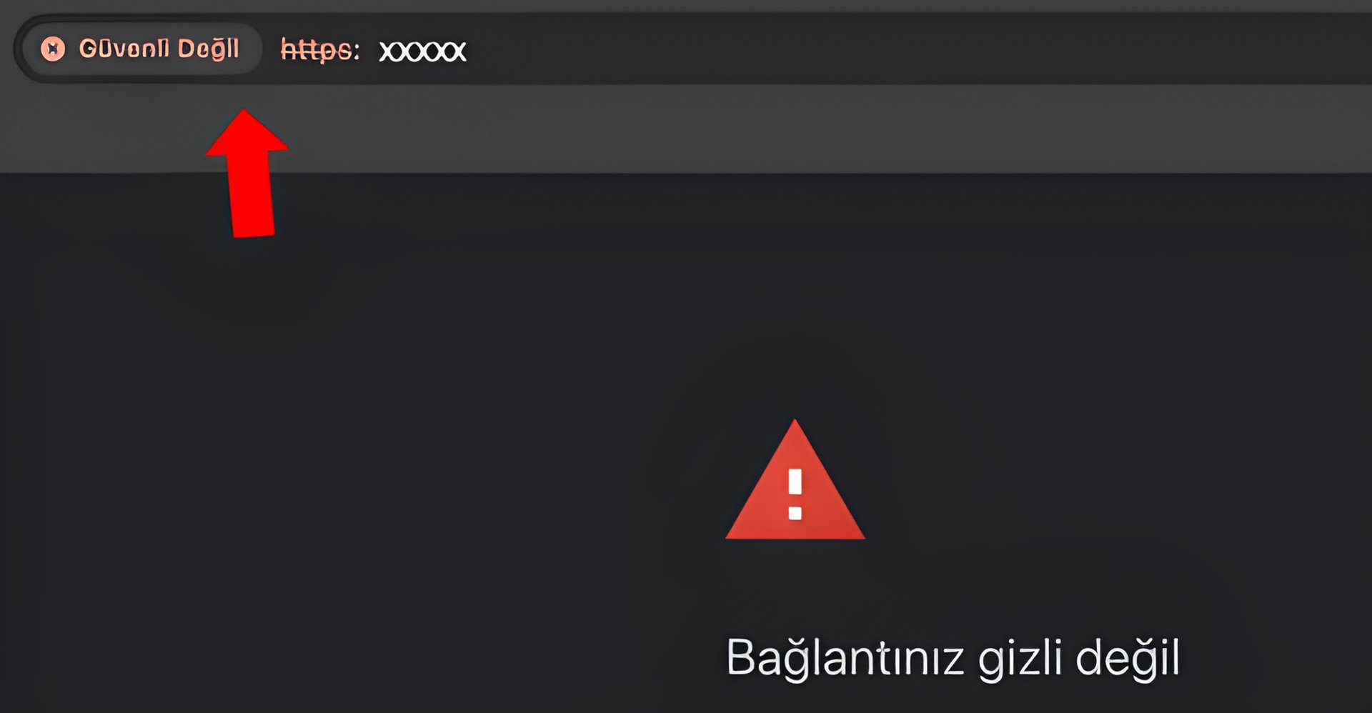 a red warning sign with a red arrow pointing to the text "not secured"