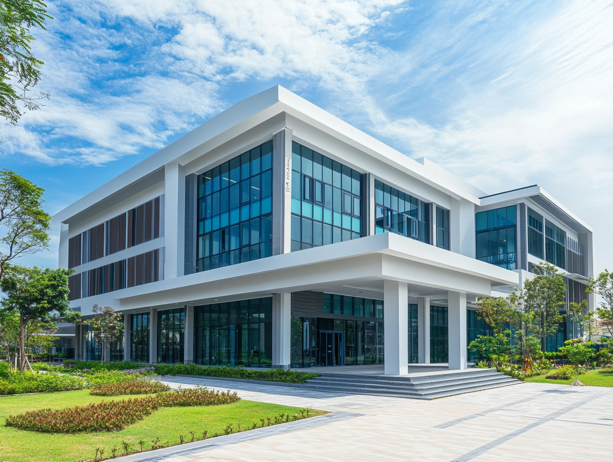 A completed Bridgeco building, a modern white concrete and glass facade