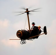 AI generated image of a Steampunk flying craft with two men aboard.