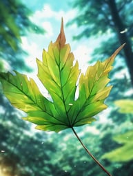 A green leaf in the foreground with a blurred tree in the background