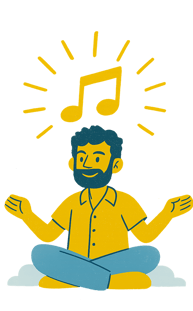 a man sitting in a meditation position with a musical note