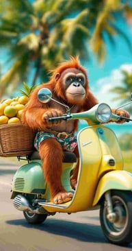 Orang utan mengendarai sepeda motor vespa. Degan kostum pantai dan dibelakang membawa keranjang berisikan kelapa muda.