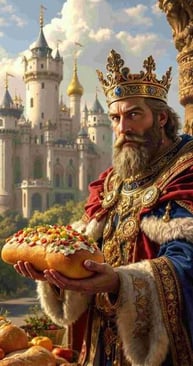 seorang raja menawarkan roti berlapis emas dengan topping yang banyak diatasnya. Di belakangnya ada bangunan kerajajaan eropa