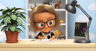 a cartoon character is sitting at a desk