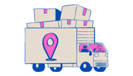 Blue and pink delivery truck carrying boxes, with a location pin icon representing logistics and tra