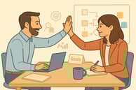 Two people sitting at a desk in a office high-five over a successful UX milestone