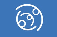 a blue and white logo with a circular object