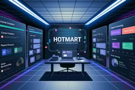 uma tela grande escrito "hotmart" em uma sala 
