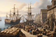 déchargement d'une frégate à quai au 18th siècle