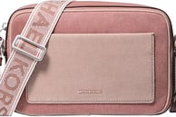 a pink and beige cross body bag with a pink and white cross bodysuit