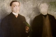 a painting of two men in suits and ties, one man's face is blurred