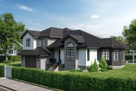 Custom home design with minimalist exterior, wide windows, and soft facade in a modern architectural
