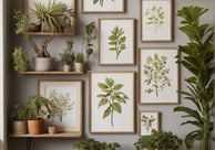a wall with plants and potted plants on it