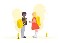 a boy and a girl standing in front of a tree